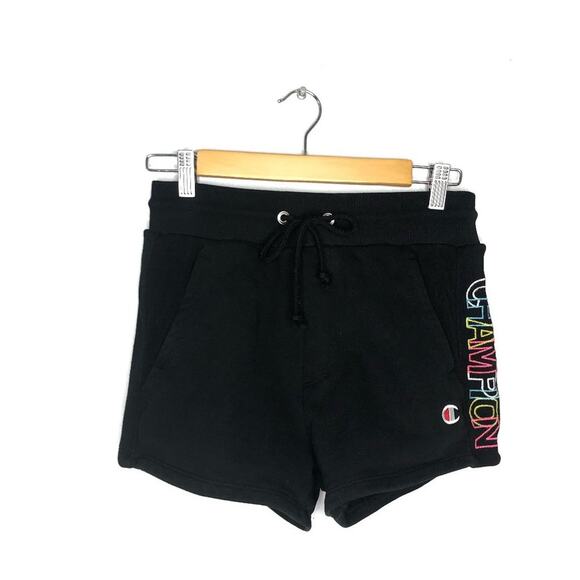 Champion Sweatshorts Neon Rainbow Spellout Drawstring Black Cotton Blend Small - Picture 1 of 6